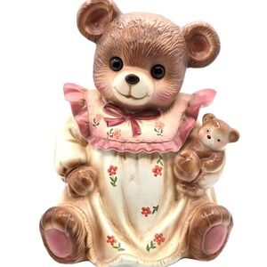 Mama Teddy Bear in Nightgown Cookie Jar Glass Eyes Holding Teddy Vintage 1980's